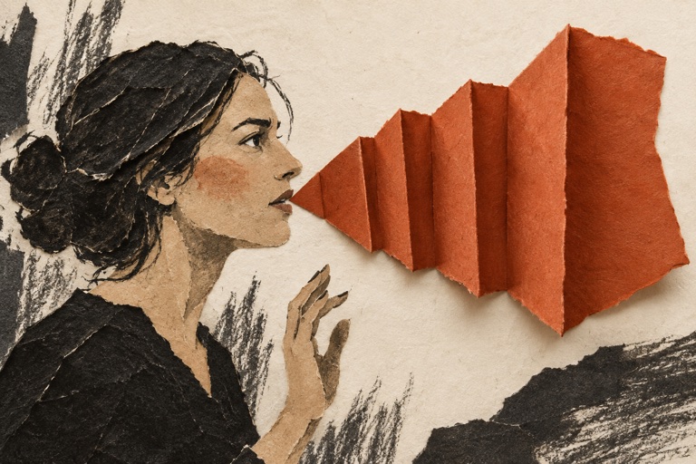 Paper collage of a woman raising her hand while a folded orange speech shape opens from her mouth.