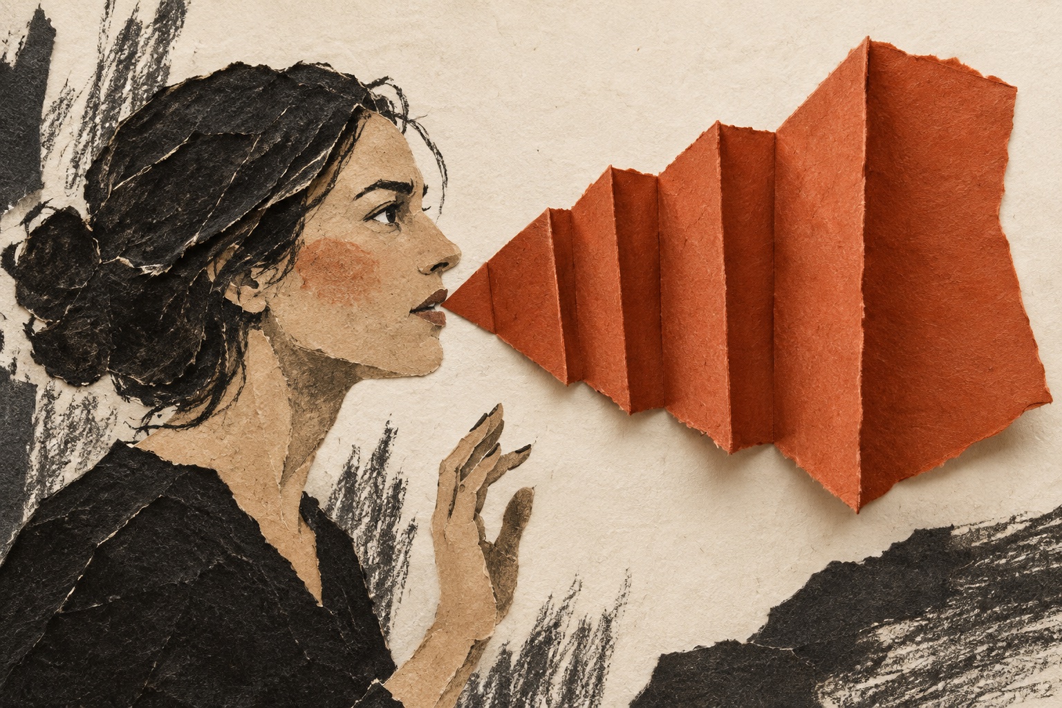 Paper collage of a woman raising her hand while a folded orange speech shape opens from her mouth.