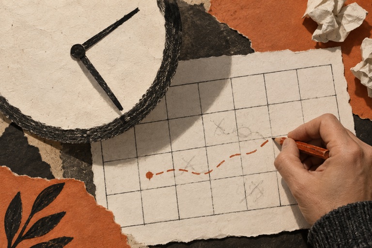 Paper collage of a hand marking a study calendar beneath an oversized clock.