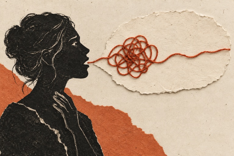 Torn-paper collage of a woman hesitating to speak, with a tangled orange thread emerging into a speech bubble.