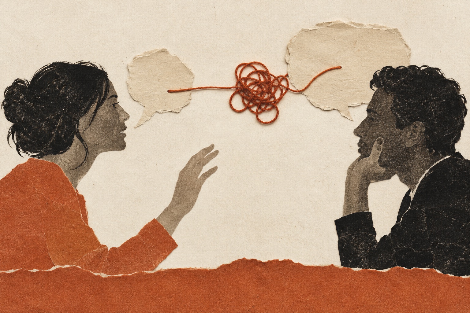 Paper collage of two speakers facing each other, connected by speech bubbles and a knotted orange thread.