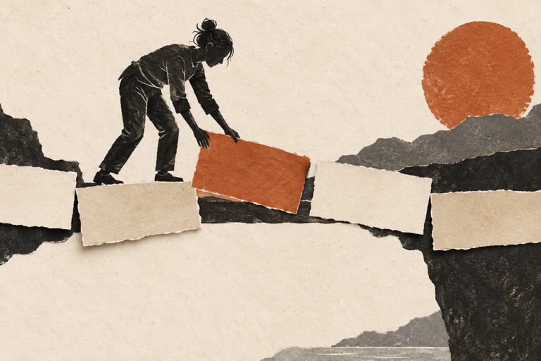 Paper collage of a learner moving an orange sentence piece among misaligned paper blocks.