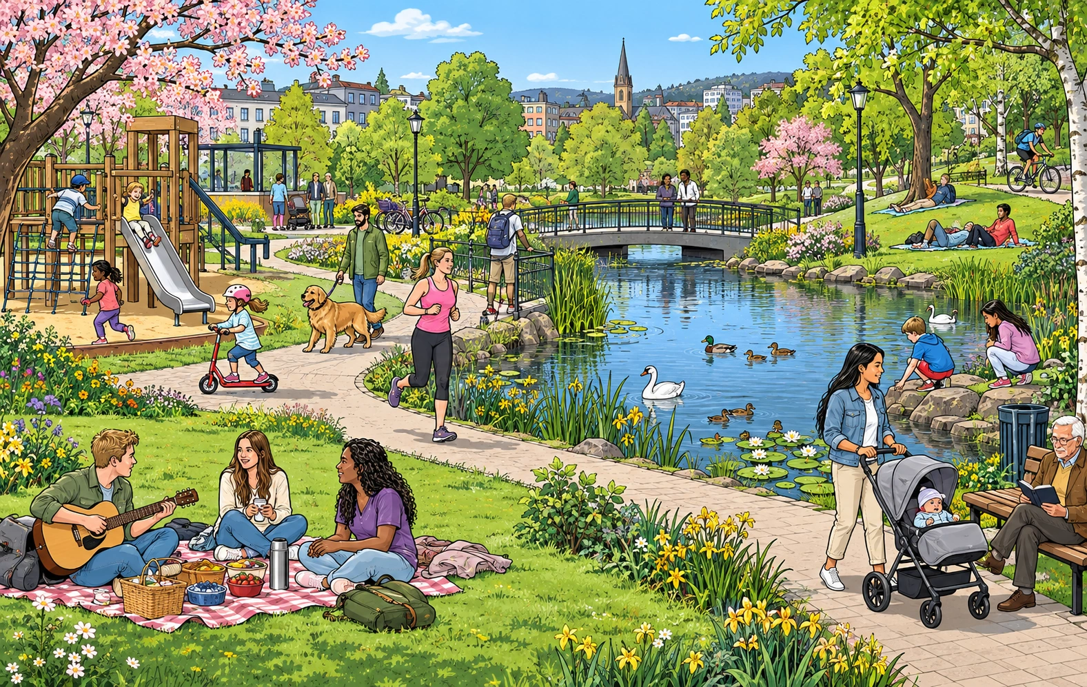 Illustrasjon av en park med lekeplass, piknik, en jogger, en hund og en dam med bro.